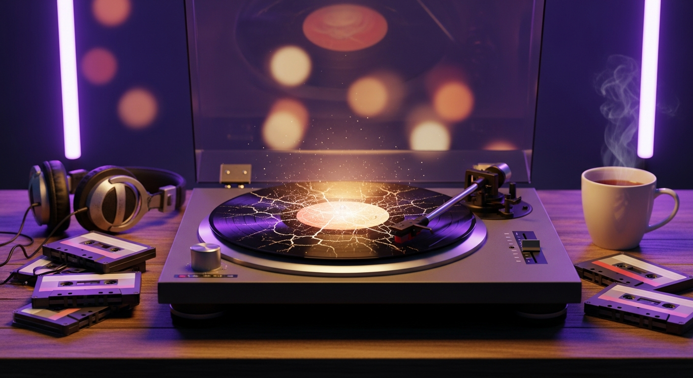 Lo-fi music atmosphere with vinyl record and warm studio lighting