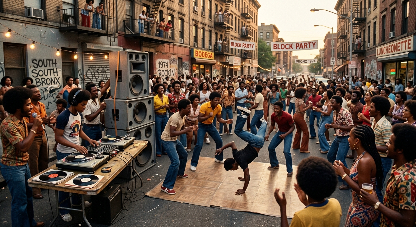 1970s Bronx street party scene with DJ turntables and breakdancers