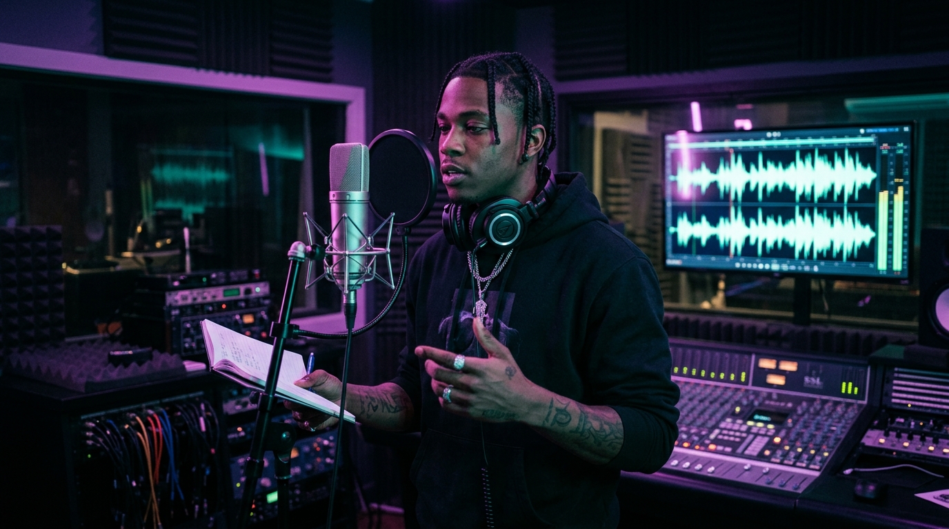 A rapper in a modern recording studio with neon lighting and audio waveforms
