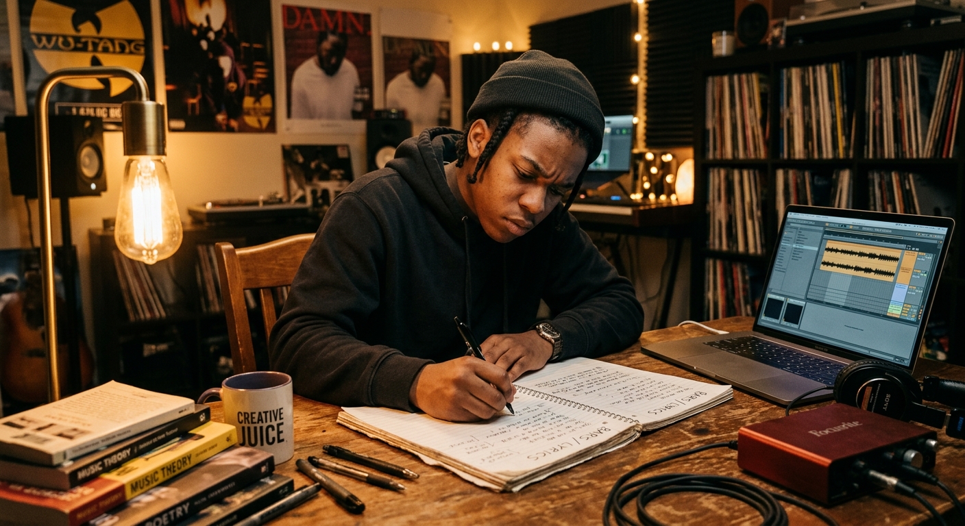 Person writing rap lyrics in a notebook with warm studio lighting
