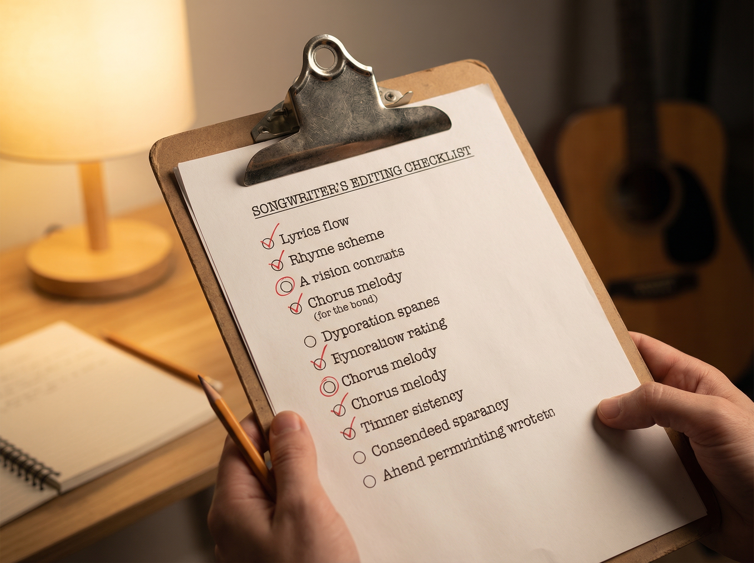 Editing checklist on a clipboard with pen marks