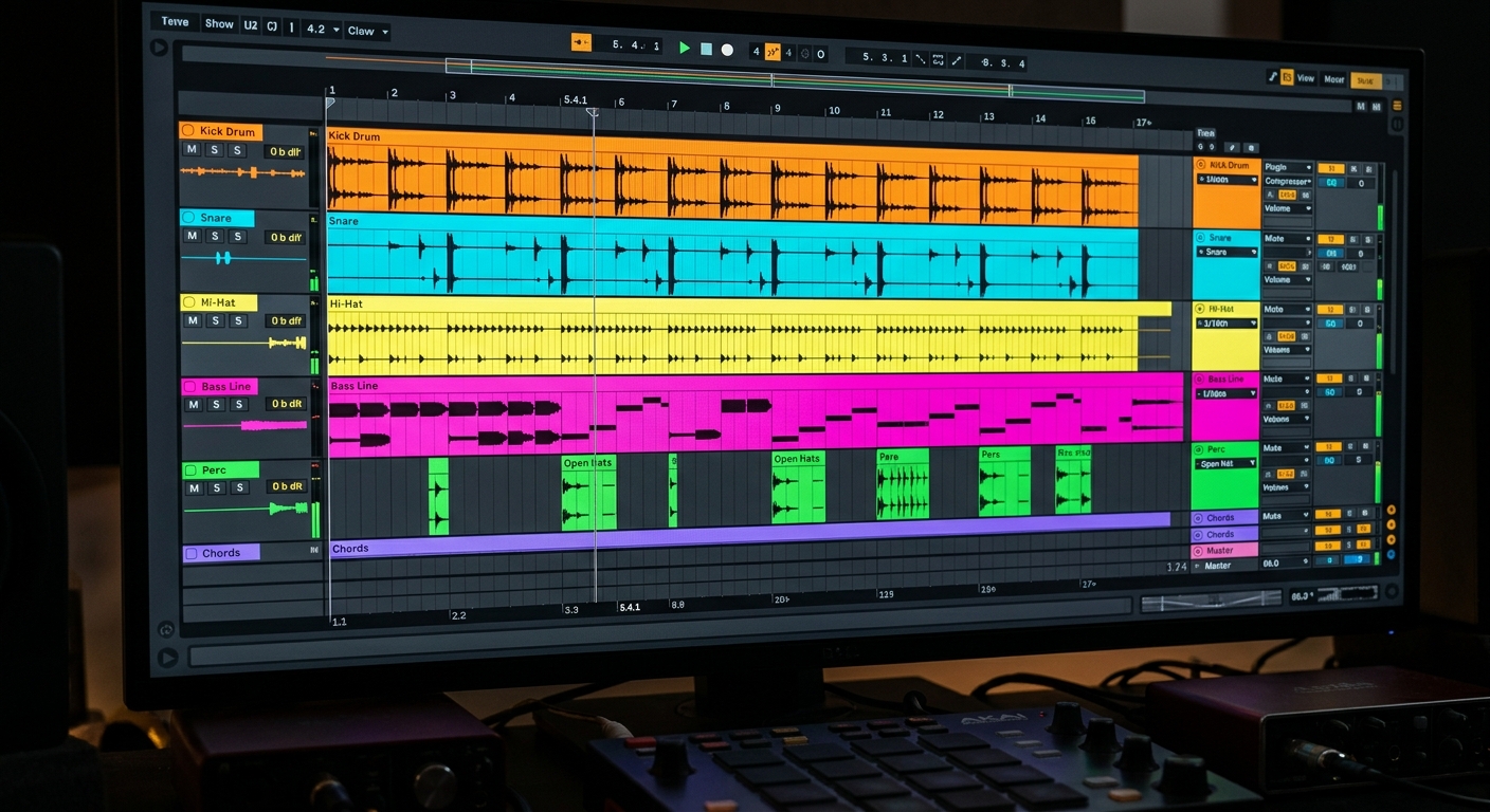 Modern DAW showing a rap beat pattern with kick, snare, hi-hat and bass tracks