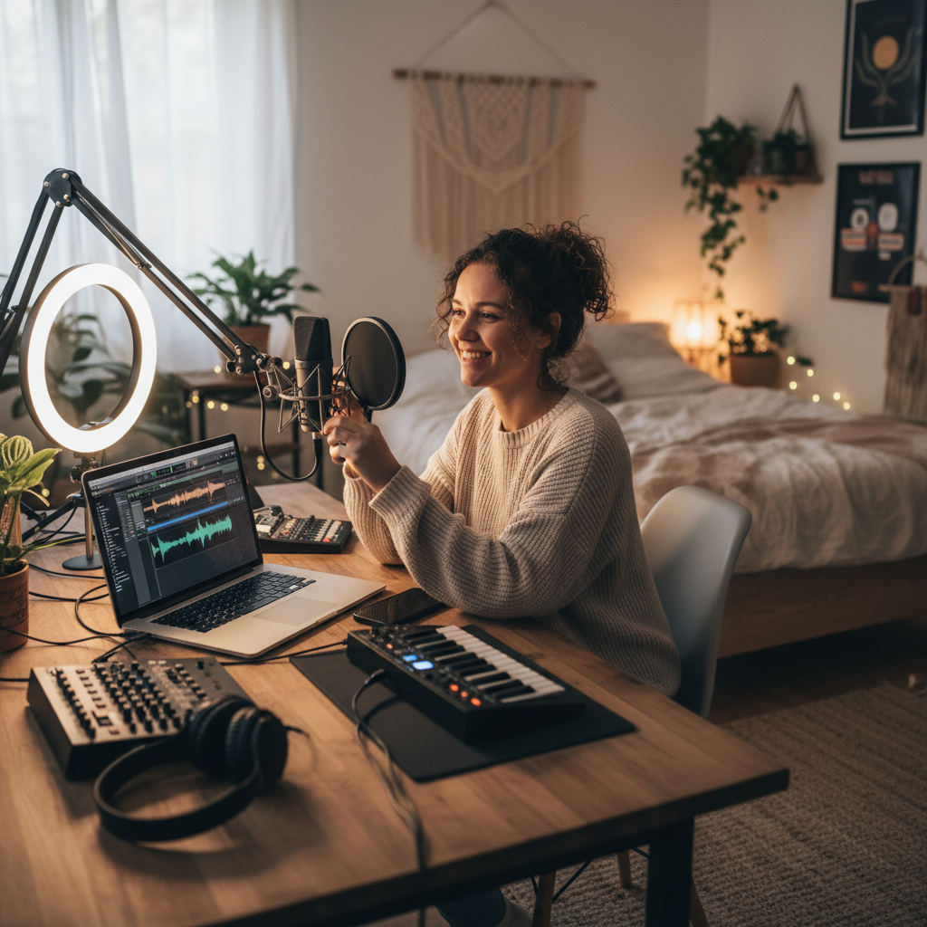 Creatore di contenuti che fa musica con strumenti AI